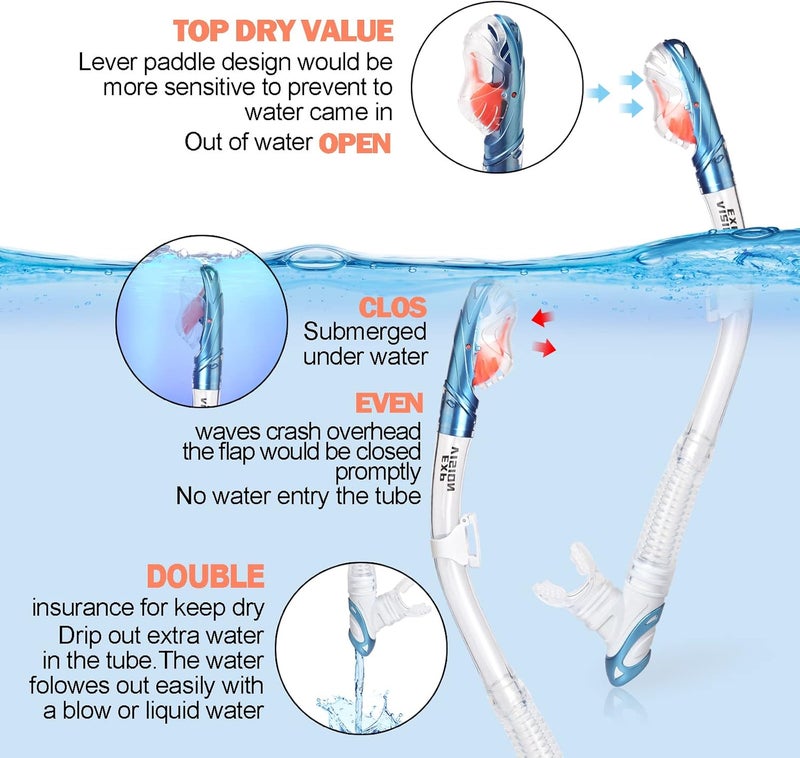 EXP VISION Snorkel Set Pano 3 Window Adult Snorkeling Gear, Professional Snorkel Goggles Anti-Fog Diving Mask, Anti-Leak Swim Goggles and Dry Top Snorkel for Diving, Snorkeling, Swimming - Image 3